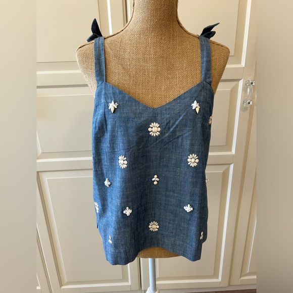 J. Crew Cropped Light Blue Denim Tie-Top with Embellishments Size 4 - Picture 2 of 8